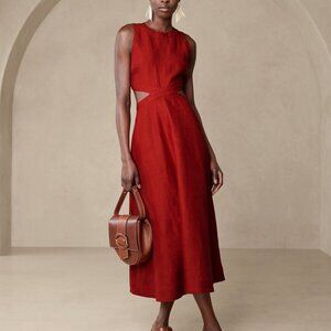 Banana Republic Lina Linen Cutout Midi Dress, Size 12, Red Embers